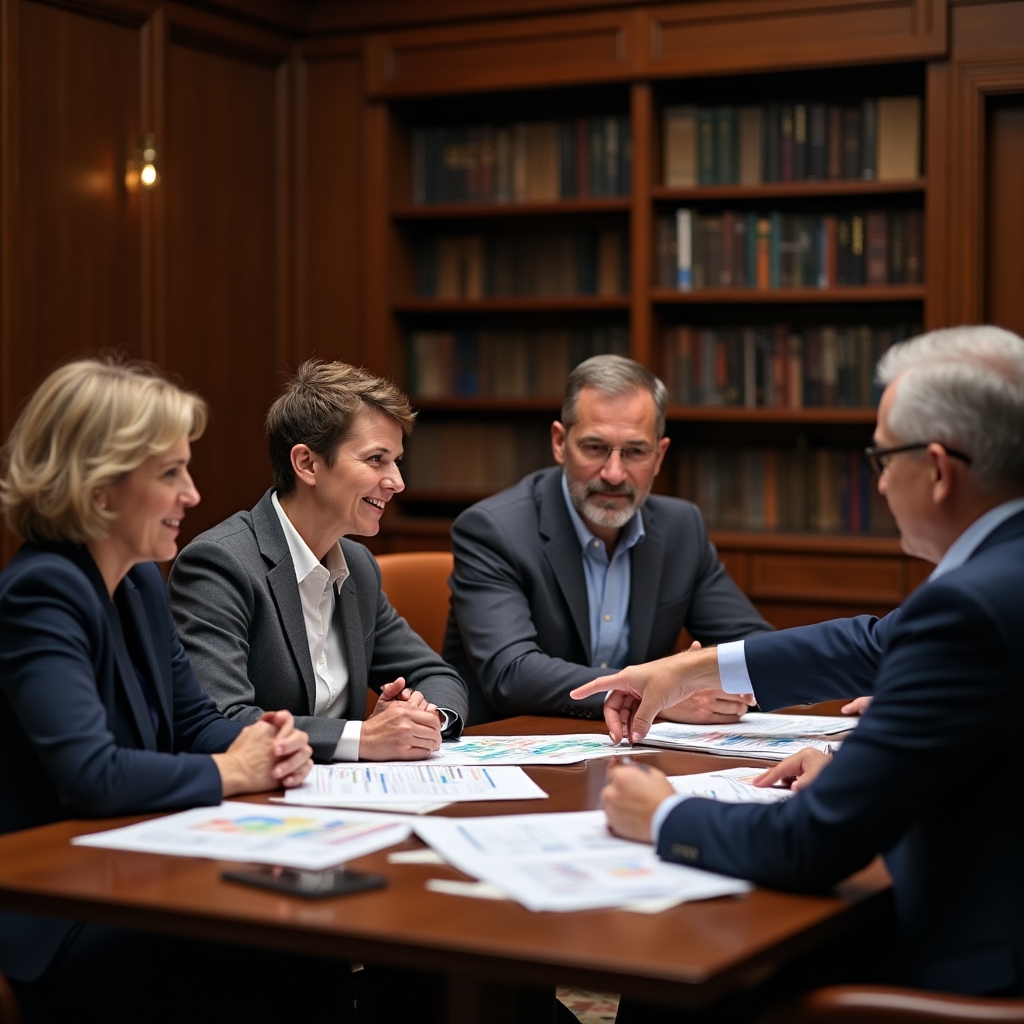Small group of adults seated around a table reviewing financial documents in a warm-lit conference room