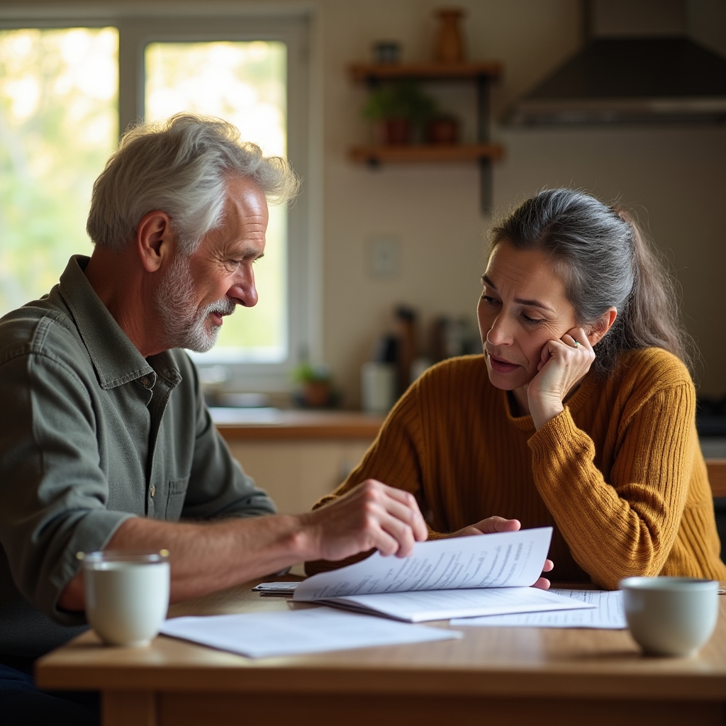 Two adults reviewing printed financial documents at a kitchen table with coffee cups, engaged in thoughtful discussion