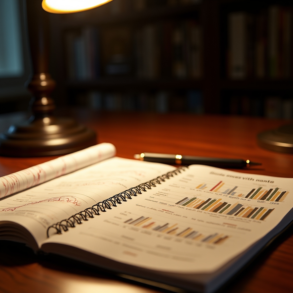 Person studying financial planning materials at a wooden desk with charts and notebooks