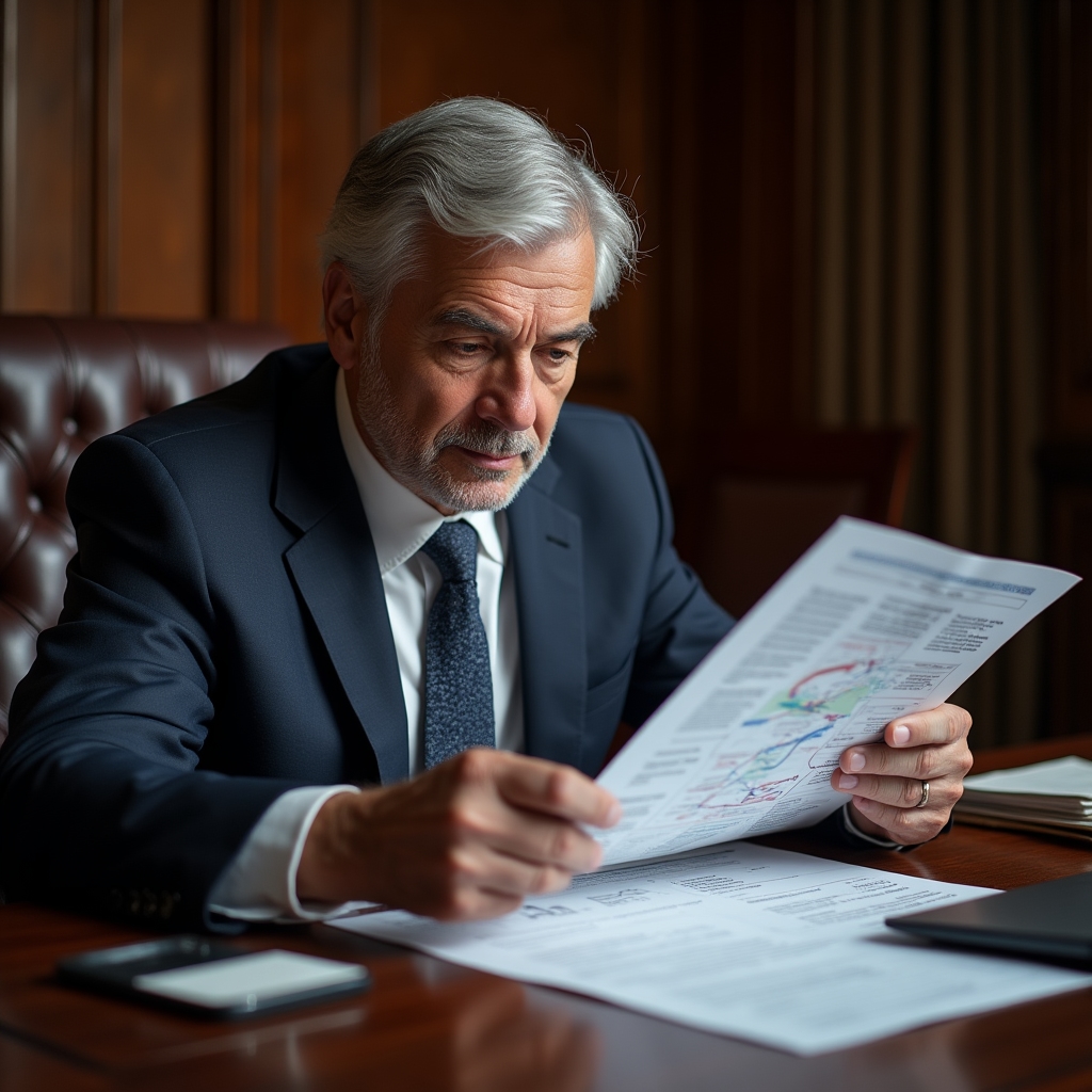 Executive-aged man in business attire reviewing a structured learning pathway diagram on a large printed sheet at a mahogany desk