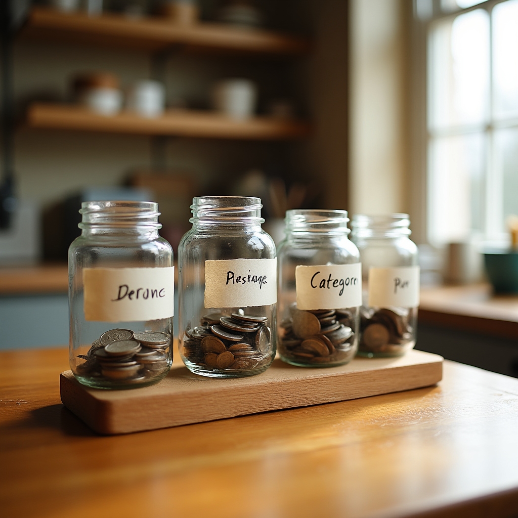 Glass jars with coins and labels representing different savings categories on a wooden surface with soft natural light